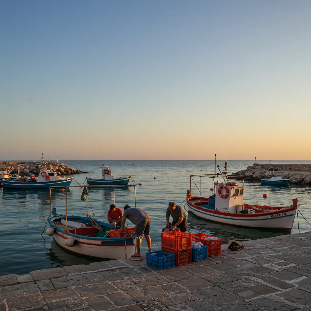 Pescatori nel porto di Gela all'alba