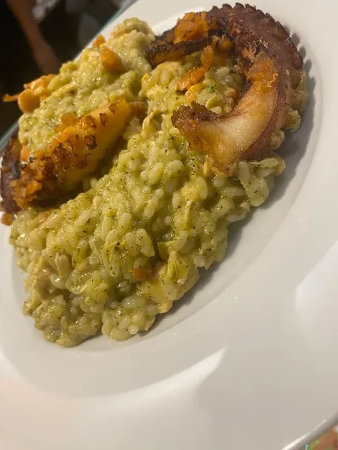 Risotto with zucchini cream, salmon and octopus